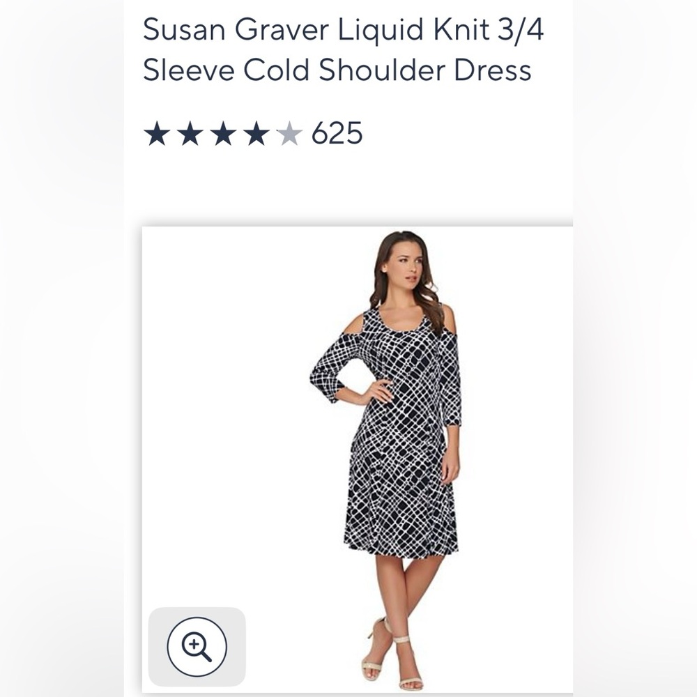 Susan Graver Liquid Knit Dress 3/4 Sleeve Cold Shoulder - 1X Black/White